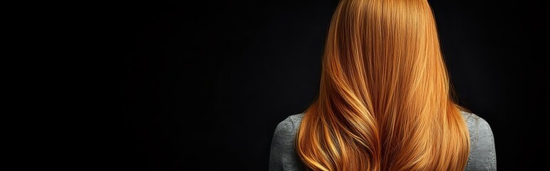 Fototapeta premium Back view of woman with long, flowing copper-colored hair against dark background, showcasing healthy, shiny locks for beauty and haircare advertising.