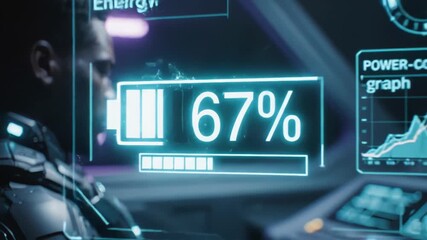 operator monitors digital interface, digital dashboard displays power and surge visuals, experimental pilot engaged with neon interface showing power levels and system electrical activity - Powered by Adobe