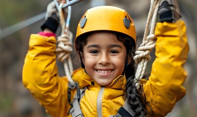 Young child in yellow safety helmet and jacket enjoying outdoor adventure on rope course, expressing joy and confidence during active recreation.