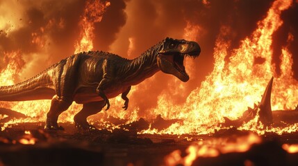 Tyrannosaurus rex amid volcanic inferno roaring, molten lava rivers carving charred earth, towering flames casting orange silhouettes, ash clouds swirling, apex