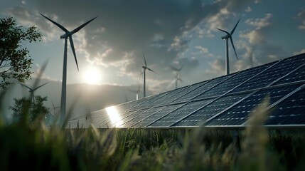 Wind turbines and solar panels in green field at sunset, showcasing renewable energy sources for sustainable power generation and environmental conservation.