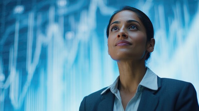 Confident Businesswoman Analyzing Stock Market Trends with Digital Graphs