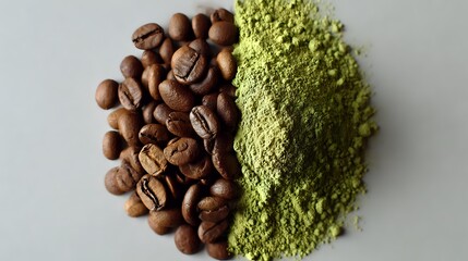 Contrast of roasted coffee beans and matcha green tea powder on gray background, showcasing popular caffeinated ingredients for beverages and desserts.