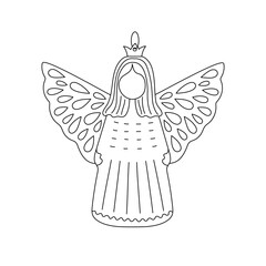 Christmas tree bauble in form of fairy tale angel festive decor doodle outline hand drawn simple vector illustration for winter holidays seasonal greeting card, invitation, sticker, line art clipart