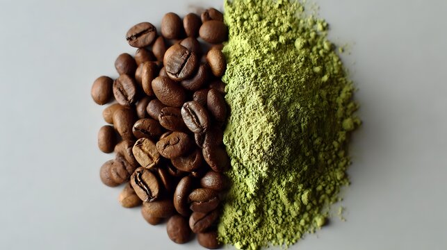 Contrast of roasted coffee beans and matcha green tea powder on gray background, showcasing popular caffeinated ingredients for beverages and desserts.