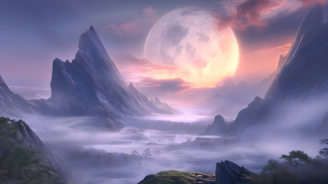Magical moonlit mountains serene fantasy landscape digital art ethereal glow peaceful valley