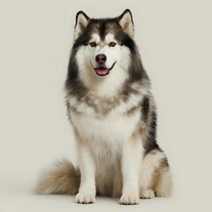 Obraz premium Majestic Alaskan Malamute dog with black and white fur sitting against neutral beige background, looking at camera with friendly expression.