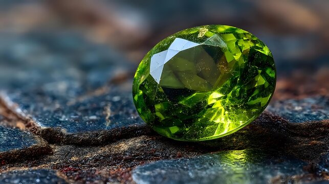 Faceted peridot gemstone with vibrant green color resting on textured dark surface, showcasing its clarity and natural brilliance in detailed macro photography.
