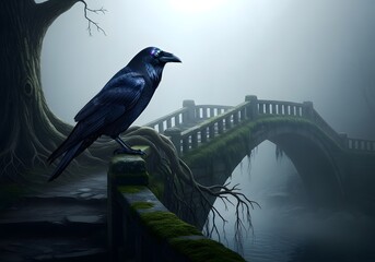 Fototapeta premium Mysterious Black Raven Perched on Mossy Bridge Railing in Misty Forest, Gothic Art