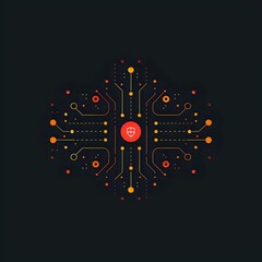 Cybersecurity concept with shield icon at center of digital circuit pattern in red and orange gradient on black background.