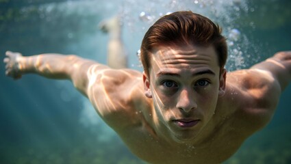 Young man swimming underwater with arms outstretched, looking directly at the camera