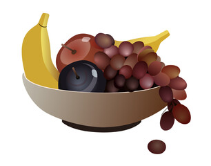 Vector still life of assorted fruit arranged in a smooth beige bowl, featuring warm gradients in deep reds, purples, and golden yellows. Grape, apple, banana. Food-themed designs.