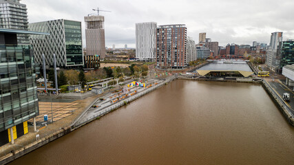 Manchester, United Kingdom 11.15.2025 - The Blue Peter Garden on the left bank of the north bay in Manchester. High-quality drone footage. 