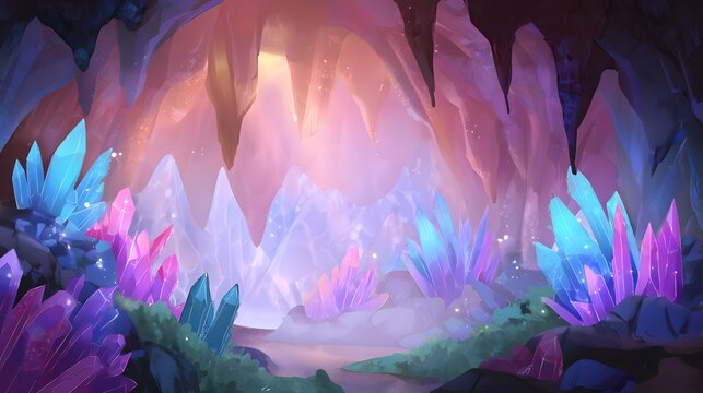 Enchanting fantasy cave animation background glowing crystals whimsical colorful mountain landscape art loopable video