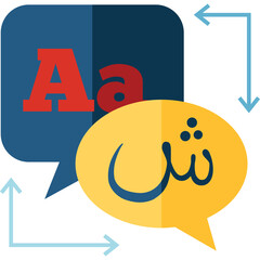 Abstract graphic design representing language translation concept with speech bubbles in blue and yellow featuring Arabic script and English alphabet letters on a transparent background