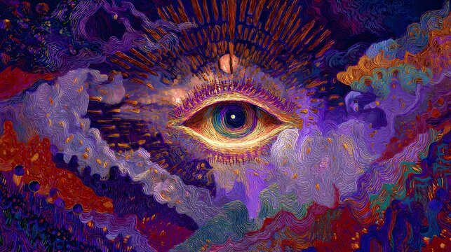 Mystical eye floating within vibrant surreal artwork a dreamlike imaginative design