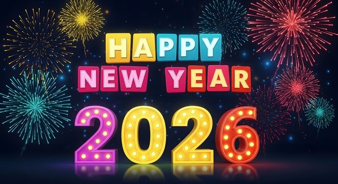 Colorful Happy New Year 2026 with Fireworks and Marquee Numbers celebration