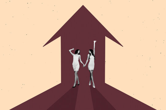 Composite zine pop trend collage of two happy girls dance together friends celebration weekend disco chill arrow pointer