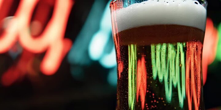 Glass of beer with neon light background. Refreshing cold drink in a bar or pub. Abstract bokeh effect for celebration night.