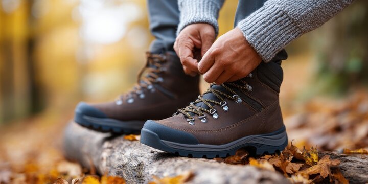 Outdoor enthusiast tying laces on sturdy hiking boots while sitting on a log surrounded by vibrant autumn foliage, showcasing adventure and connection with nature