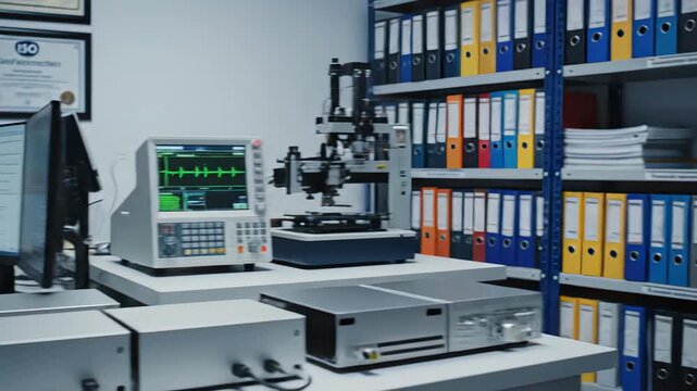 female engineer documents results in clean laboratory, female quality engineer carefully documents inspection findings amid organized laboratory environment and certification displays