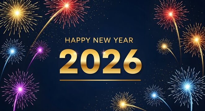 Happy New Year 2026 with colorful fireworks exploding on dark blue night sky celebration