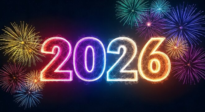 Neon numbers 2026 with colorful fireworks in a starry night sky year glowing