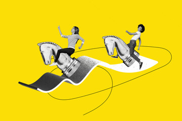 Exclusive artwork banner creative collage of two business partners girl ride knight black figure chess rival competition progress