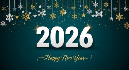 Teal background with falling snowflakes, stars, and golden confetti for Happy New Year 2026