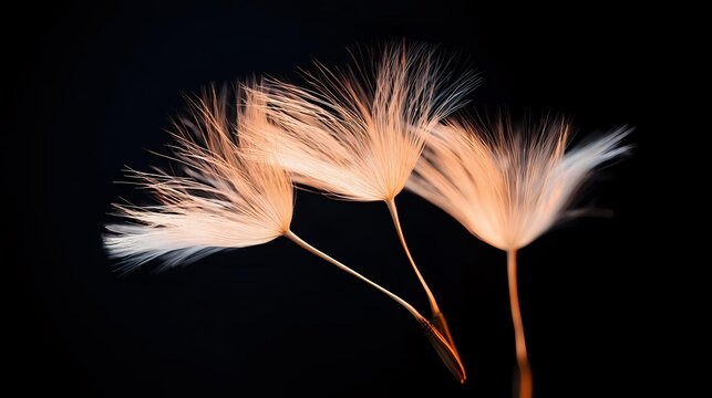 Delicate dandelion seeds with fluffy white parachutes floating against dark background, showcasing nature's elegant seed dispersal mechanism.