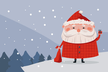 Cute Santa Claus in a red coat holding a small gift and a sack, standing in a snowy winter forest with falling snow on a soft pastel background. Suitable for greeting cards and holiday projects