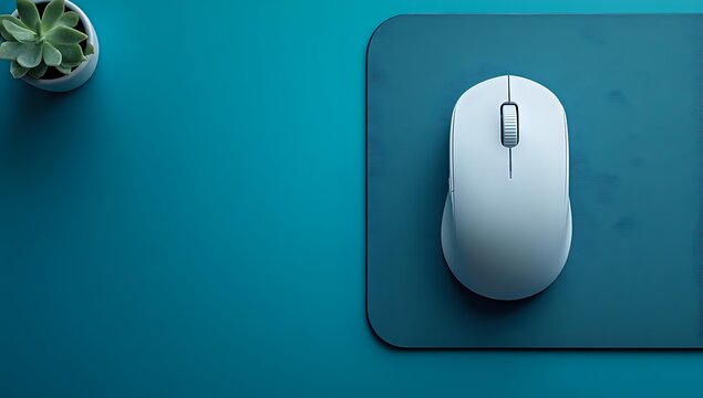 White wireless computer mouse on blue mousepad with small succulent plant in corner, modern minimalist workspace setup for home office or business.