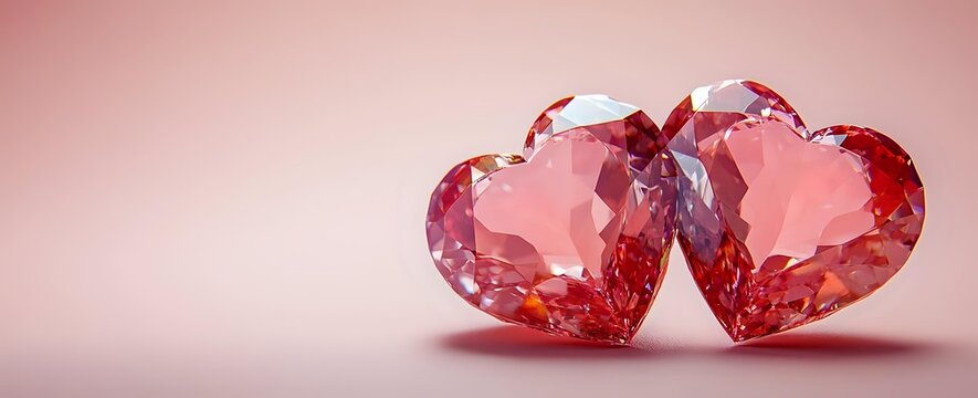 Two sparkling pink diamond hearts leaning against each other on soft pink background, symbolizing love and luxury for Valentine's Day designs.
