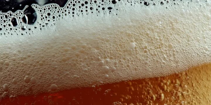 Close up of beer bubble texture with abstract liquid background. Macro view of beverage foam pattern for drink promotion.