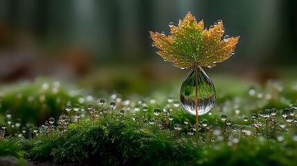 Autumn maple leaf balanced on water droplet surrounded by moss and morning dew in forest setting.
