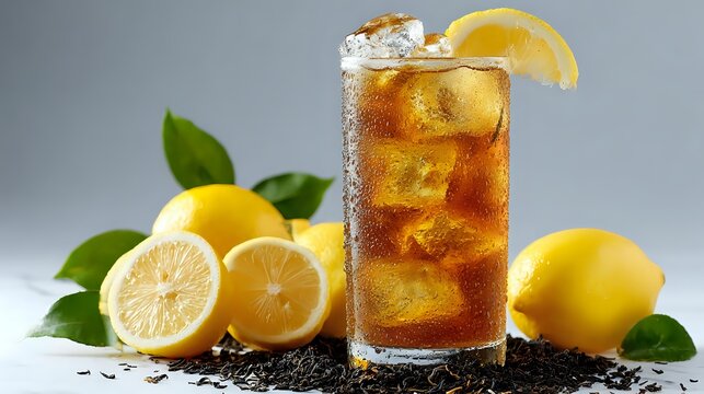 Refreshing iced tea with lemon slices and fresh lemons on gray background, garnished with green leaves and tea leaves. - Powered by Adobe