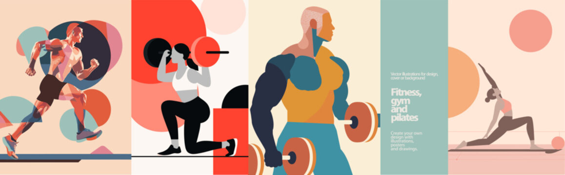 Stylish fitness illustrations featuring running, weightlifting, bodybuilding and pilates. Modern geometric shapes and pastel tones create dynamic visuals perfect for gym posters, wellness branding and