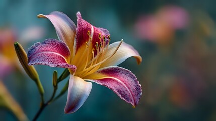 Vibrant pink and yellow lily flower with water droplets blooming in garden setting with soft blurred background. Ideal for floral design projects.