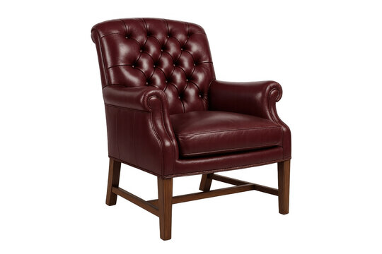 Red leather tufted armchair isolated on transparent background, vintage classic furniture for home and office decor