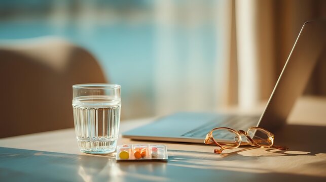 Glass of water, medication pills, eyeglasses and laptop on wooden desk in warm sunlight, creating cozy home office atmosphere.