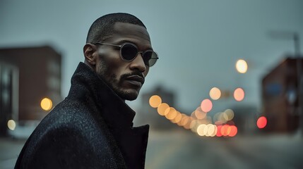 African American man in stylish dark coat and sunglasses against urban twilight backdrop with bokeh lights, creating moody atmospheric portrait.