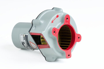 Industrial Centrifugal Blower Motor Component Used for Cooling and Air Ventilation Isolated on a Pure White Background