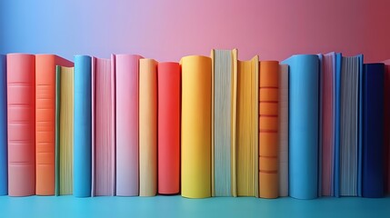 Colorful row of books standing upright on shelf against gradient blue to pink background, creating vibrant educational or literary display.