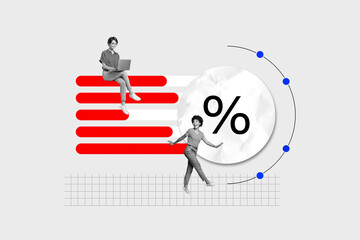 3d banner image pop contemporary photo collage of two happy business partners dance chart percentage symbol surf laptop