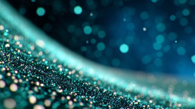 A shimmering field of turquoise and deep-blue cosmic dust, glowing particles floating in soft bokeh, creating a dreamy interstellar atmosphere with a sense of depth and motion - Powered by Adobe