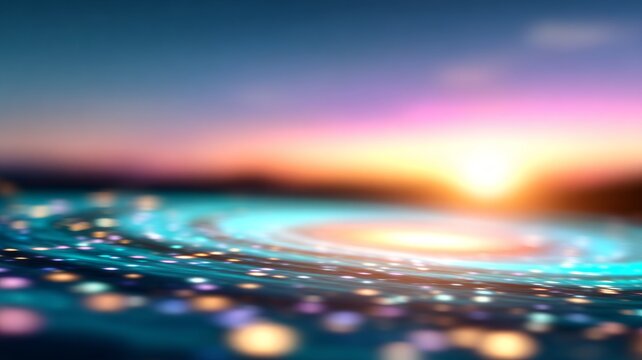 A glowing spiral resembling a distant galaxy, swirling lights over a dreamy sunset gradient, vibrant cosmic energy forming a soft abstract vortex with colorful bokeh