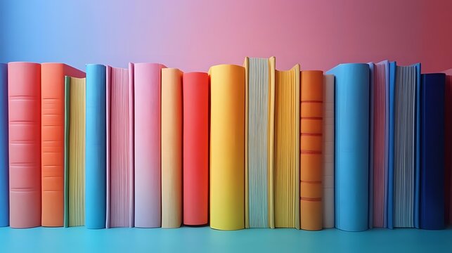 Colorful row of books standing upright on shelf against gradient blue to pink background, creating vibrant educational or literary display.