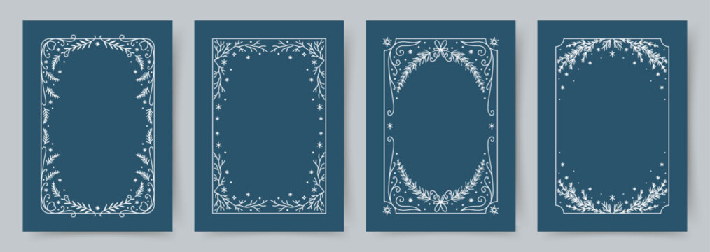 Winter frame collection. Elegant hand drawn line art borders with leaves, fir branches, stars, snowflakes on a blue background. Vector design for Christmas card, invitation, cover, banner, menu
