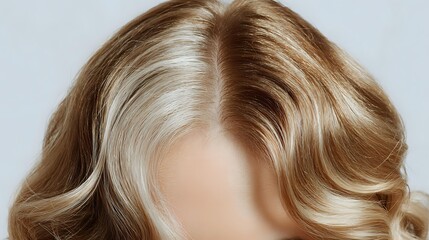 Fototapeta premium Blonde wavy hair with highlights and lowlights on white background, showcasing professional salon styling for beauty and haircare advertising.