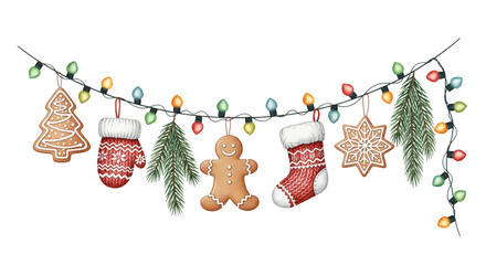 A watercolor Christmas garland featuring transparent, isolated gingerbread cookies, frilly gloves, socks, and pine branches hung on a string of lights.
